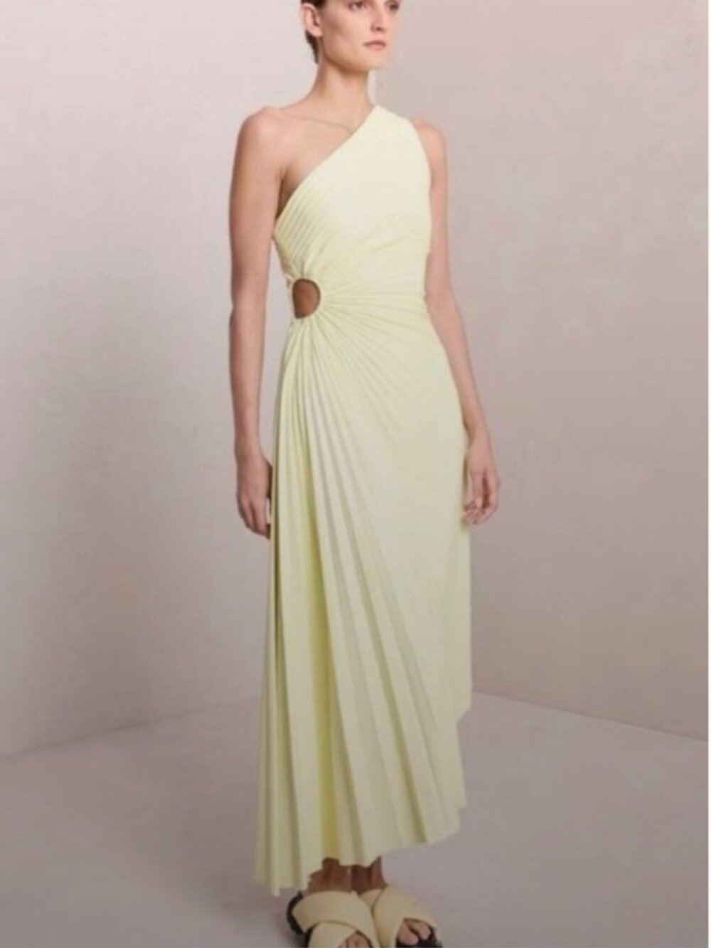 A.L.C. Yellow One Shoulder Cutout Pleated Midi Dress Faux Leather - Picture 2 of 9
